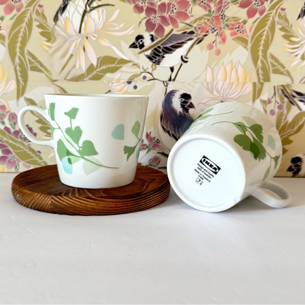 IKEA Stilenlig White Green Gingko Leaves 8 oz Cups Set of 2